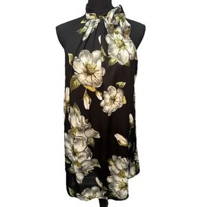She + Sky Dress Women's Size Large Black Flower Print Lining Tie Neck Fancy